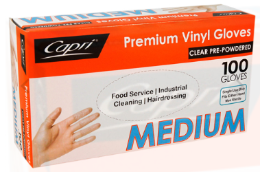 Capri Clear Medium Pre Powdered Vinyl Gloves