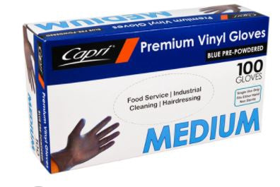 Capri Blue Medium Pre Powdered Vinyl Gloves