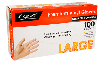 Capri Clear Large Pre Powdered Vinyl Gloves